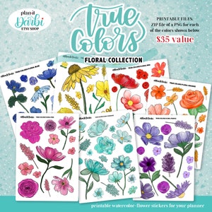 May include: Printable watercolor flower stickers for planners. The set includes six sheets of stickers, each featuring a different color palette: blue, red, orange, pink, turquoise, and purple. The stickers feature a variety of flowers, including daisies, roses, and wildflowers.