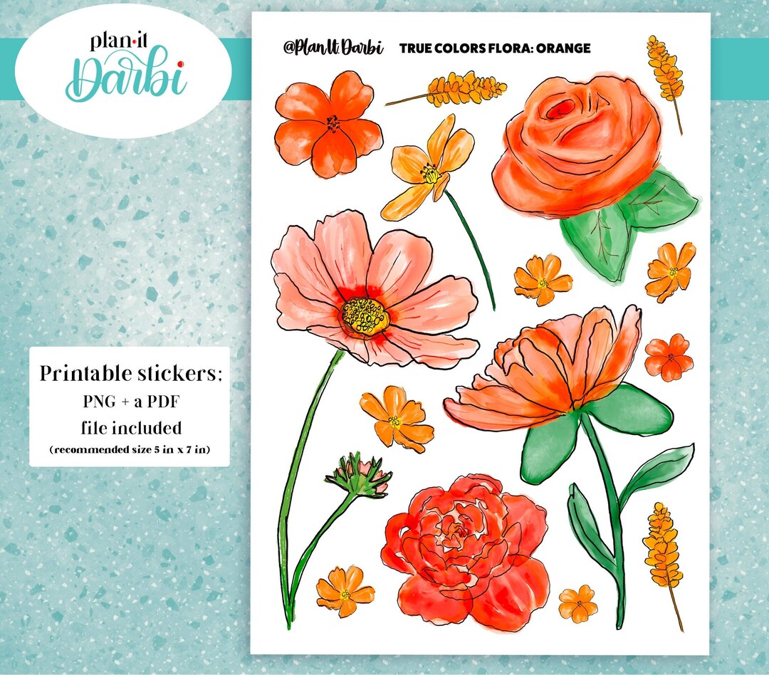 PRINTABLE: TRUE COLORS Orange Watercolor Florals, Stickers Flower ...