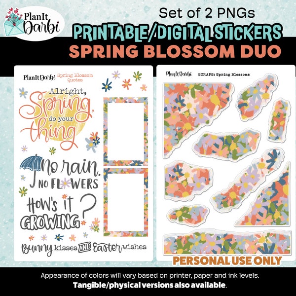 printable planner stickers: SPRING BLOSSOM scraps & hand-lettered quotes, modern spring flowers, layering stickers for planners, journals