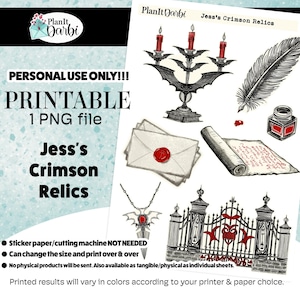 Printable Halloween planner Stickers: JESS Crimson Relics (PNG), gothic fantasy, vampire stickers, dark aesthetic for bujos and planners