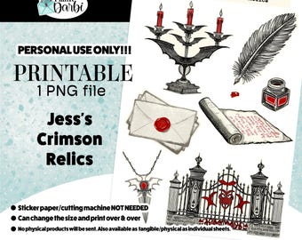 Printable Halloween planner Stickers: JESS Crimson Relics (PNG), gothic fantasy, vampire stickers, dark aesthetic for bujos and planners