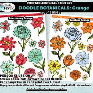 printable planner stickers: DOODLE BOTANICALS (2) Grunge Doodles, sunshine, anniversary, spring stickers, floral stickers, spring flowers