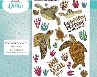 SAVE the TURTLES Printable sea turtles deco sheet sea grass endangered species for Happy Planner, bullet journal etc