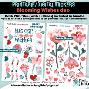 PRINTABLE PLANNER STICKERS: Valentine Duo - Valentine Wishes & Hearts Abloom, digital stickers, hearts, florals, junk journal stickers
