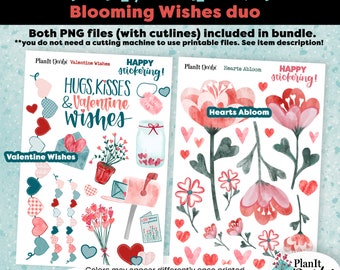 PRINTABLE PLANNER STICKERS: Valentine Duo - Valentine Wishes & Hearts Abloom, digital stickers, hearts, florals, junk journal stickers
