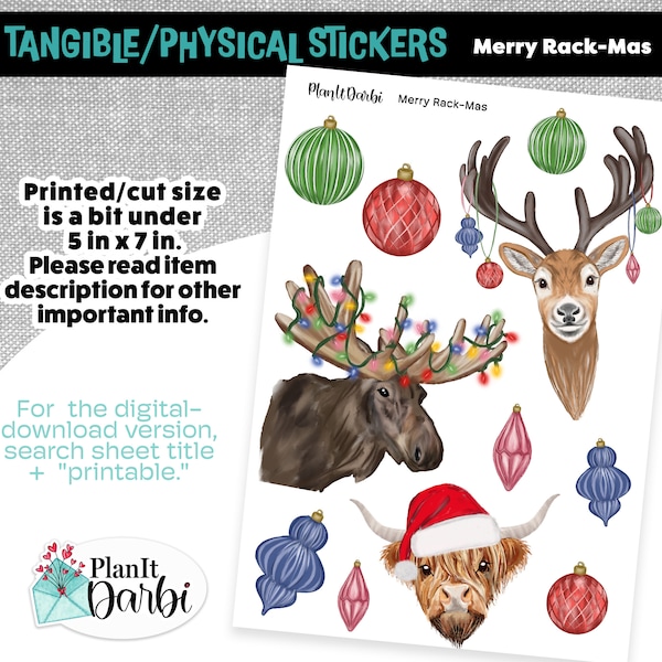 TANGIBLE planner stickers: RACK-MAS funny christmas stickers, moose, deer, highland cow, Christmas lights for journal, scrapbook & planners
