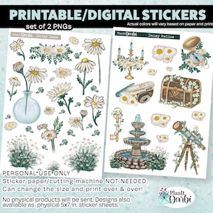 printable planner stickers: DAISY DUO-2 PNGs, digital stickers, nostalgia, overgrown charm, daisies, vintage, antique, treasure chest