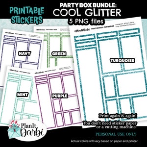 printable planner box stickers: PARTY BOXES (bundle of 5) cool toned glittery bordered box stickers for planning and journaling