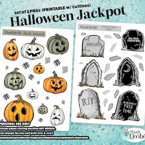 May include: A set of two digital sticker sheets titled Halloween Jackpot, featuring illustrations of orange and green jack-o'-lanterns, gray tombstones with text like Here Lies Productivity, Do Not Disturb, RIP, and In Memory of Free Time.