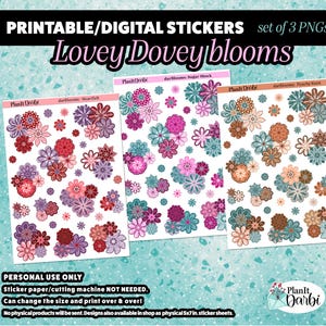 May include: Three sheets of printable digital stickers featuring floral designs in various color palettes. The stickers are labeled "Heartfelt", "Sugar Shock", and "Peachy Keen". The text "Lovey Dovey blooms" is at the top. The stickers are for personal use only.
