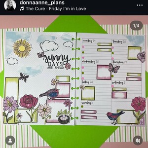 May include: A weekly planner with a green cover and a colorful design featuring butterflies, birds, flowers, and clouds. The planner has a title that says "Sunny Days Are Ahead".
