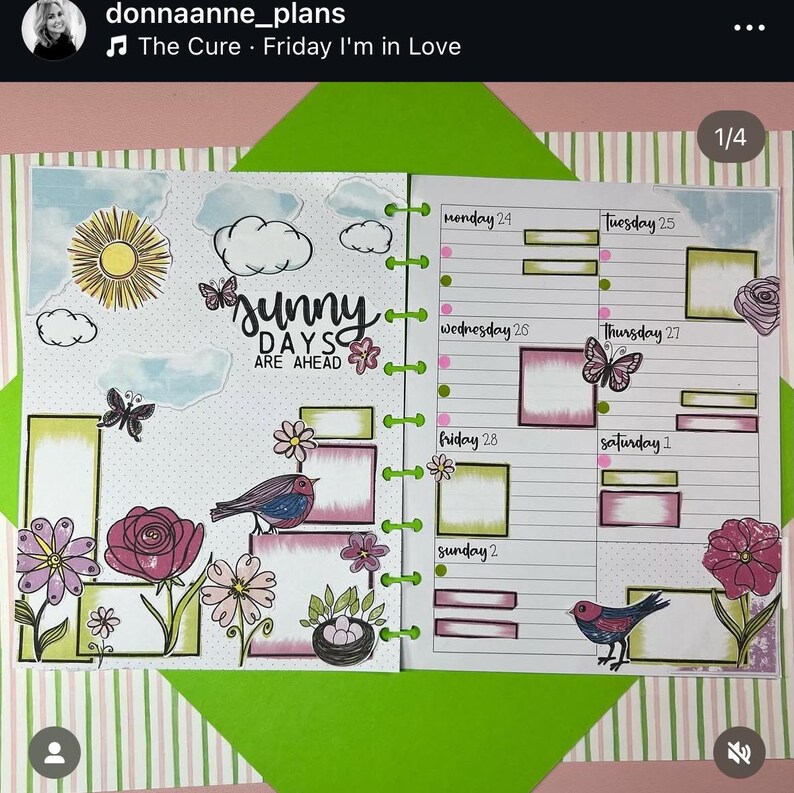 May include: A weekly planner with a green cover and a colorful design featuring butterflies, birds, flowers, and clouds. The planner has a title that says "Sunny Days Are Ahead".
