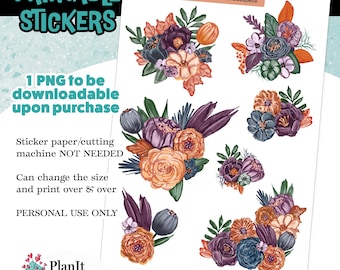 Puede incluir: Una hoja digital de pegatinas imprimibles con seis ramos de flores distintos en tonos otoñales de joya como morado intenso, naranja quemado y verde oscuro. El texto dice PRINTABLE STICKERS, PlanIt Darbi Autumn Jewel-tone Bouquets y notas adicionales.