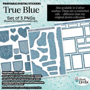 May include: Digital sticker set titled "True Blue" featuring denim-themed designs. Includes pockets, patches, scraps, and box shapes. The set is available in 3 PNGs and is designed for personal use. The text on the image says "Boxes/Scraps/Pockets etc."