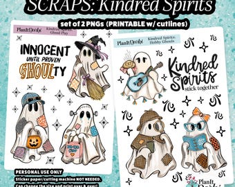 May include: A digital set of two PNG sticker sheets titled SCRAPS: Kindred Spirits. The sheets feature white ghost characters with various accessories like hats, glasses, and books, along with text including INNOCENT UNTIL PROVEN GHOULTY.
