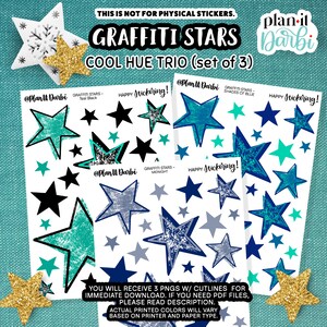 printable: Cool Hues GRAFFITI STARS (set of 3) digital, playful fun, shapes, navy, teal, blue, turquoise, cobaltplanner stickers