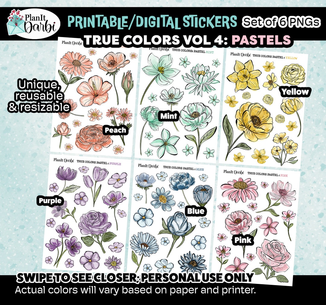 Printable Planner Stickers: True Colors (set of 6 PNG) Pastel Floral ...