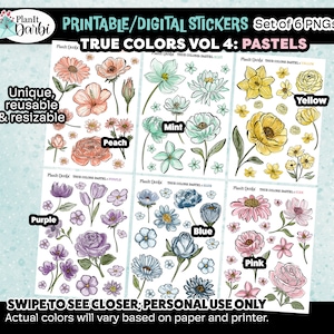 Printable Stickers: True Colors PASTEL set of 6 PNG digital watercolor spring flowers, lined floral stickers for planners & Journals 画像 1