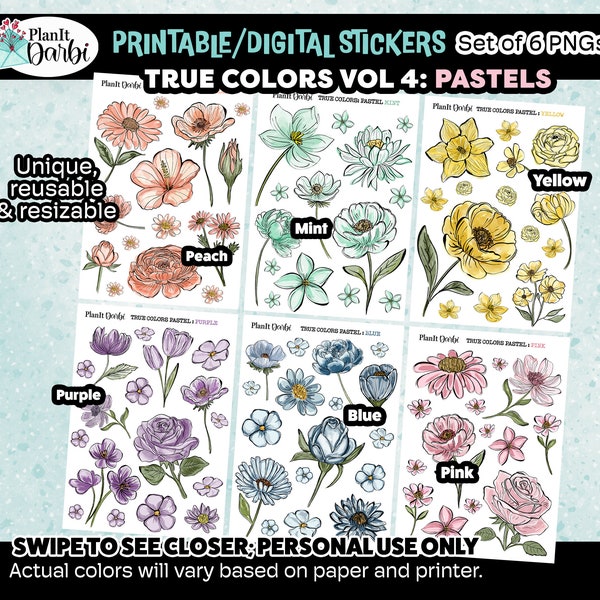 Printable Stickers: True Colors PASTEL (set of 6 PNG) -- digital watercolor spring flowers, lined floral stickers for planners & Journals