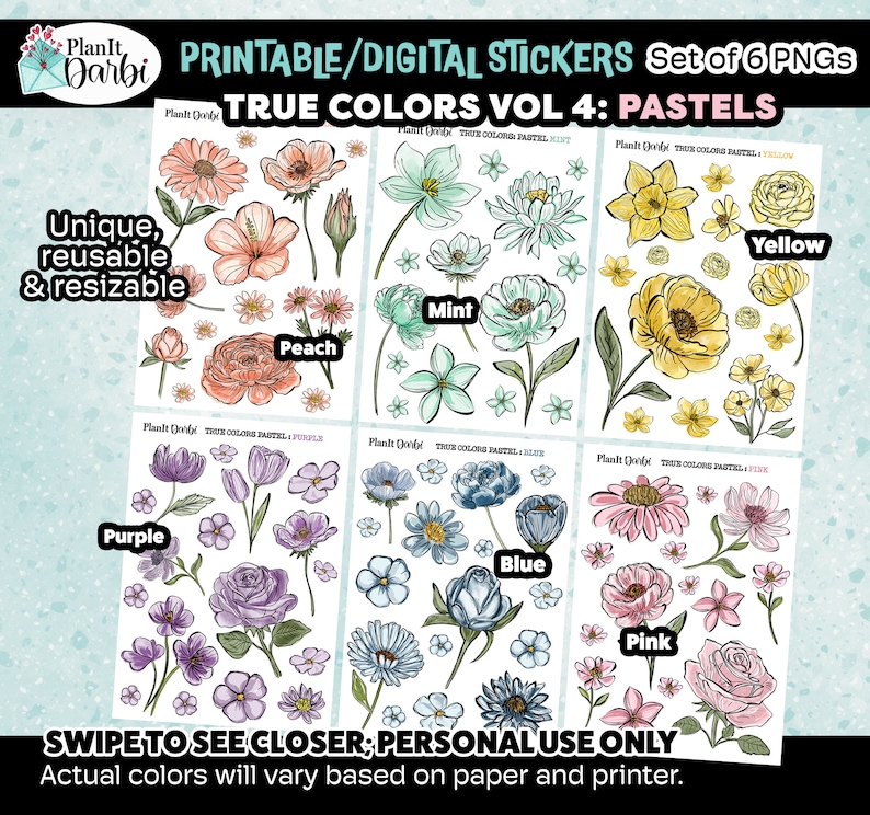 Printable Stickers: True Colors PASTEL set of 6 PNG digital watercolor spring flowers, lined floral stickers for planners & Journals 画像 1