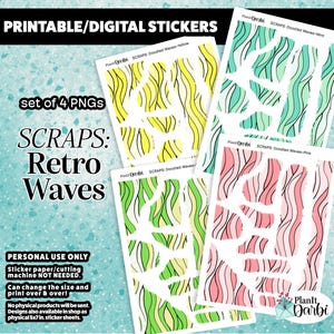 May include: A set of four PNG digital stickers with a retro waves design. Each sticker sheet features a different color scheme: yellow, mint, pink, and green. The stickers are designed for personal use and can be resized and printed.