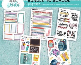 printable stickers: 5 sheet bundle BACK TO SCHOOL, backpacks, teacher, student, pencils, quotes and school supplies for journal & planner