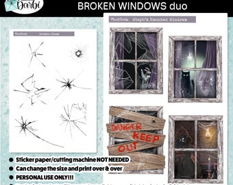 printable halloween stickers for planner; Haunted House, broken window, scary stickers, spooky stickers, ghost stickers for planner & bujos