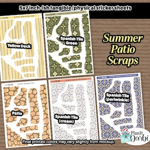 May include: A collection of 5x7 inch sticker sheets with various patio-themed designs. The sheets feature patterns like yellow deck, Spanish tile in green, cream, and periwinkle, and a patio stone design. The text "Summer Patio Scraps" is also visible.