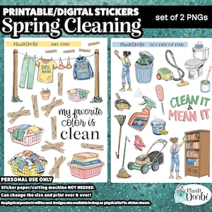 May include: Digital sticker set with a spring cleaning theme. The set includes illustrations of laundry, cleaning supplies, and text that reads "Spring Cleaning", "Dry Time", and "Clean It & Mean It".