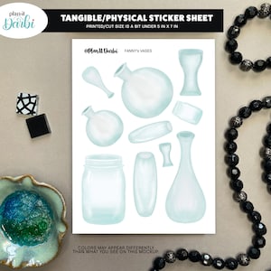May include: A sticker sheet with a variety of clear glass vases and jars. The sheet is printed on white paper and measures approximately 5 inches by 7 inches. The sticker sheet is titled "Fanny's Vases" and includes the text "@Plant Darbi".