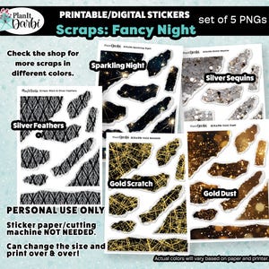 printable planner stickers: set of 5 SCRAPS- Fancy Night, New Year's, silver, gold, fireworks, sparklers, shiny layering planner & journals