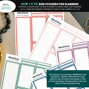 May include: A sheet of planner stickers with various box shapes and sizes. The stickers are in different colors, including crimson, blush, green, deep purple, and navy. The text on the stickers reads "@PlanIt Darbi" and "Sew Cute".