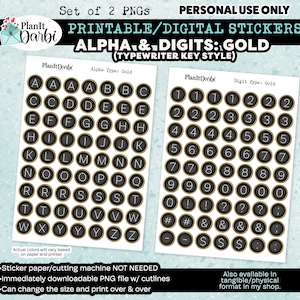 May include: Printable gold typewriter key style stickers for alphabetic letters and numbers. The stickers are black with gold trim and are designed to look like typewriter keys. The image shows two sheets of stickers, one with letters and one with numbers.