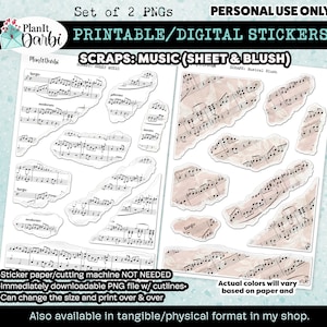 printable planner stickers: SCRAPS (duo) Tortured Musician torn paper, ephemera for bujos & planners; music sheet, pink, classic music notes