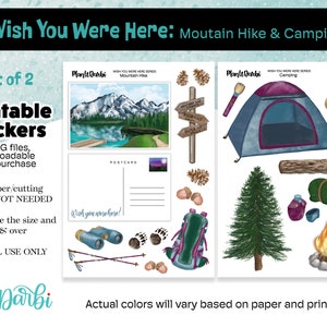 PRINTABLE: set of 2 MOUNTAIN HIKE and camping- Wish You Were Here duo, campfire, tent, hiking, mountain, travel for planner, bujo, scrapbook