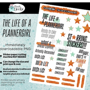 Könnte beinhalten: Ein weißes Blatt mit Text und Aufklebern für einen Planer. Der Text enthält "The Life of a Plannergirl", "Starring Stickers!!!" und "Wish List". Die Aufkleber sind Sterne und andere Formen in Orange und Türkis.