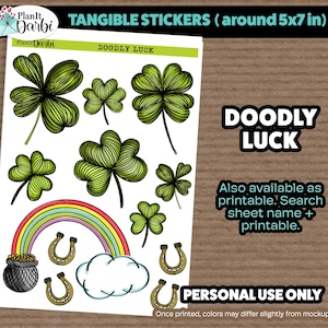 May include: A sheet of 10 stickers featuring a green four-leaf clover design. The stickers are approximately 5 inches by 7 inches and are labeled "Doodly Luck".