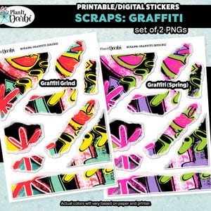 Printable Planner Stickers: SCRAPS -  Graffiti (2 PNGs), urban textures, skate culture, streetwear, mint, red, purple, torn paper ephemera