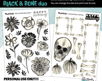 Autocollants imprimables pour agenda : lot de 2 fleurs TRUE COLORS Black & Bone, crâne d'Halloween, os, boîtes d'agenda, pour agendas occultants