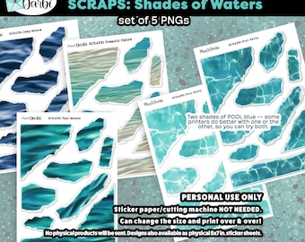 printable planner SCRAPS: Shades of Water, swimming pool stickers, ocean water, waves, beach water, torn paper ephemera for bujos & planners