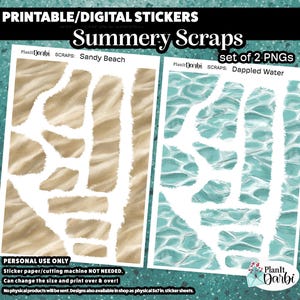 Könnte beinhalten: Zwei digitale Stickerbögen mit Sommerthema. Ein Bogen zeigt Designs von sandigen Stränden, der andere hat ein blaues Wasserdesign. Der Text lautet "Summery Scraps" und "set of 2 PNGs". Die Aufkleber sind nur für den persönlichen Gebrauch bestimmt.