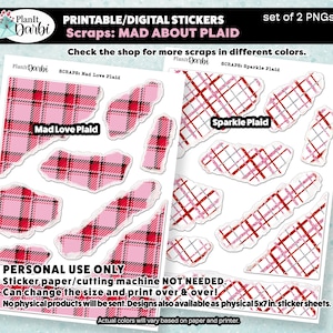 May include: Printable digital stickers with a plaid pattern in pink and red. The stickers are labeled "Mad Love Plaid" and "Sparkle Plaid".