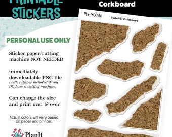 May include: Printable corkboard stickers for planners and journals. The stickers are brown and have a textured corkboard look. The text "PlanIt Darbi" and "SCRAPS: Corkboard" is visible in the image.
