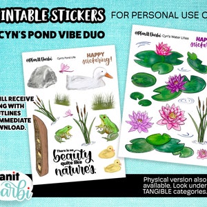 PRINTABLE: Cyn's POND LIFE and Lily Pad duo (2 sheets) water lilies, boat, cattails, frogs, ducklings lake stickers for  planners & journals