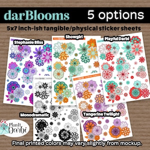 May include: Five 5x7 inch-ish sticker sheets with floral designs. The sticker sheets are labeled "Stephanie Bliss", "Showgirl", "Playful Darbi", "Monodramatic", and "Tangerine Twilight". The text "darBlooms" and "5 options" are at the top. The PlanIt Darbi logo is in the bottom left.
