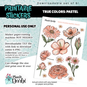 Printable Stickers: True Colors PASTEL set of 6 PNG digital watercolor spring flowers, lined floral stickers for planners & Journals 画像 5