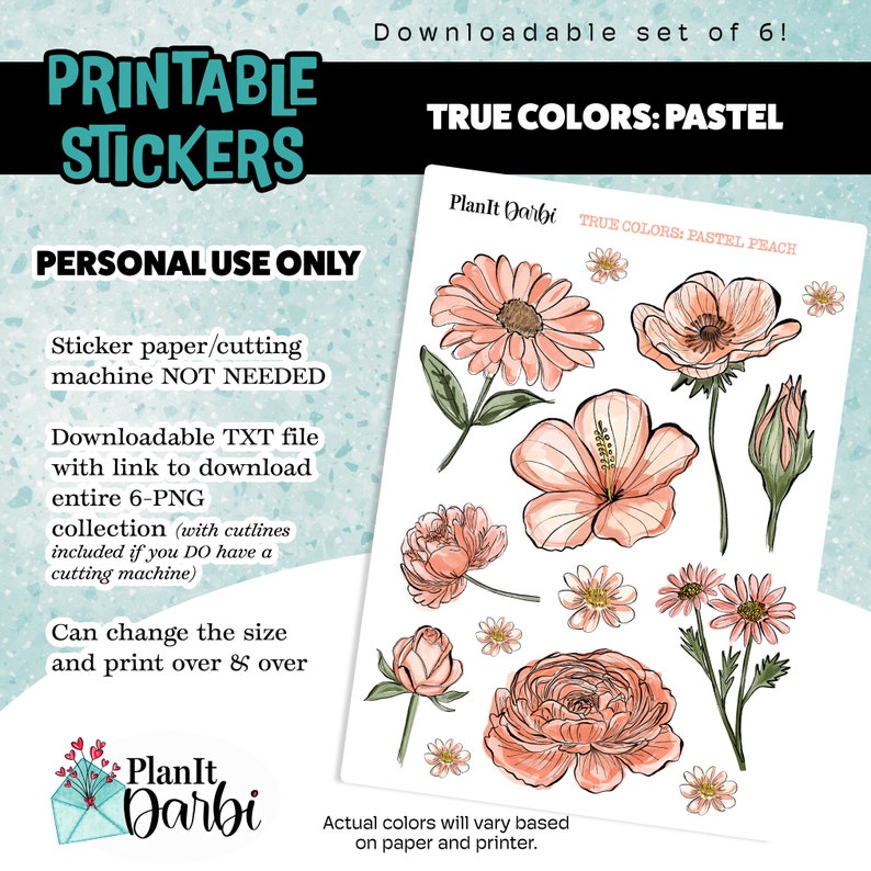 Printable Stickers: True Colors PASTEL set of 6 PNG digital watercolor spring flowers, lined floral stickers for planners & Journals 画像 5