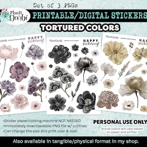 printable planner stickers: TORTURED Colors FLORALS, poet, swiftie, gold, black, gray, neutral watercolor flowers for planners & journals