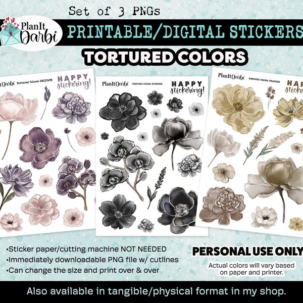 printable planner stickers: TORTURED Colors FLORALS, poet, swiftie, gold, black, gray, neutral watercolor flowers for planners & journals