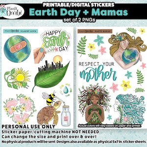 printable stickers: PLANET love - EARTH MAMA duo (2 pngs), planet earth, earth day stickers, nature lover, environment Planner Stickers